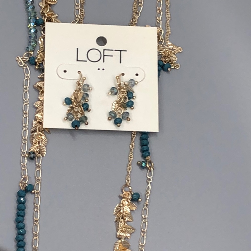 LOFT Long necklace & earrings: gold leaf blue bead